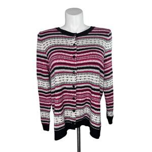 TALBOTS Black Red Fair Isle Stripe Cardigan Sweater Size 2X Petite Wool Blend